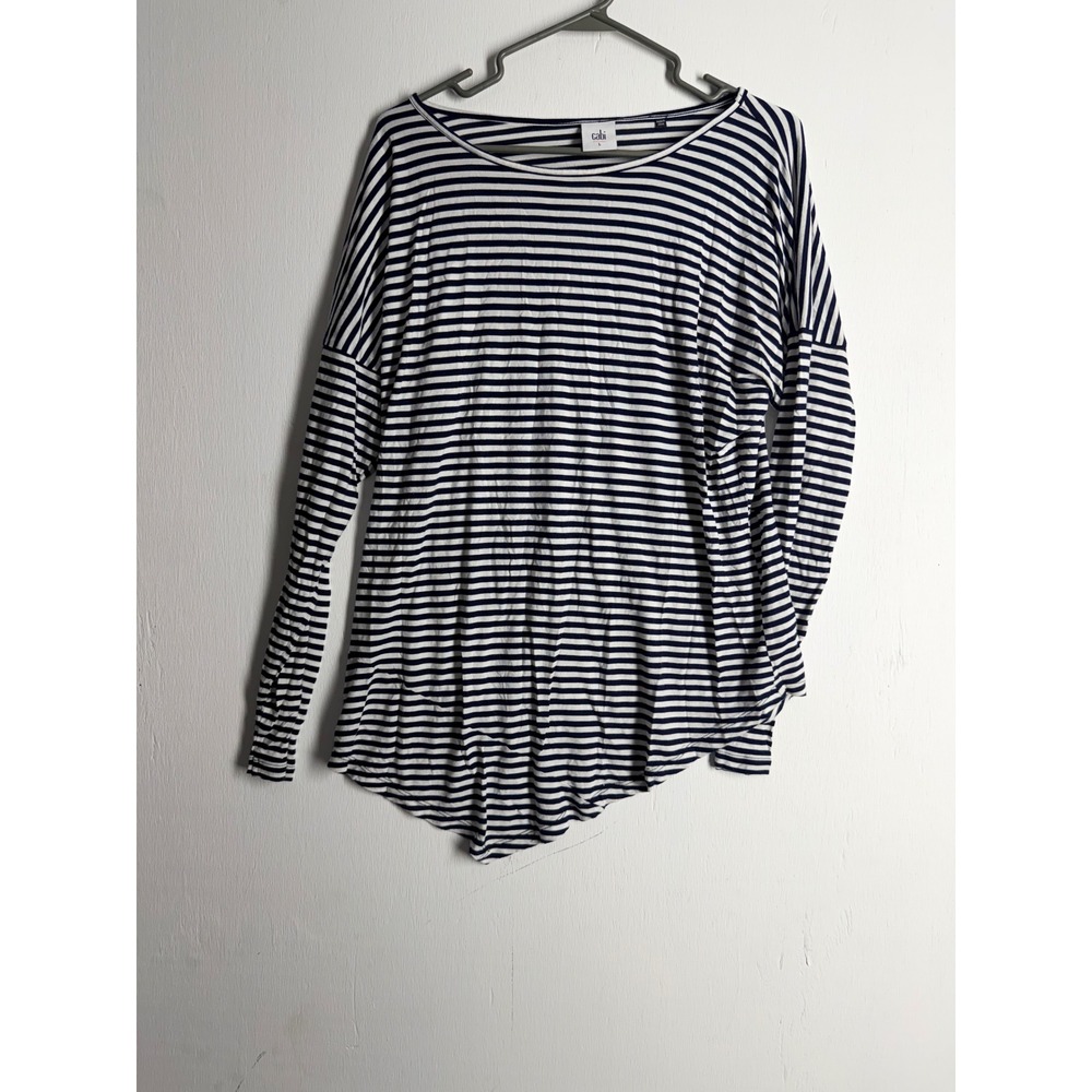 Cabi Navy Blue White Striped Asymmetrical Hem Long Sleeve Top Large Nautical